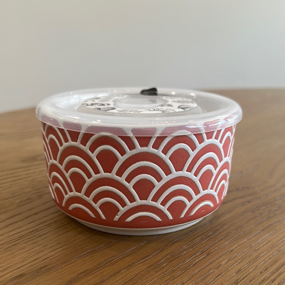 Red and White Ceramic Bowl with Lid